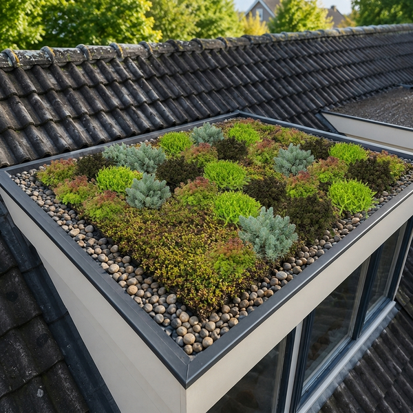 Flachdachfenster mit Dachbegrünung aus Sedumpflanzen und Kieselsteinumrandung auf einem Ziegeldach.