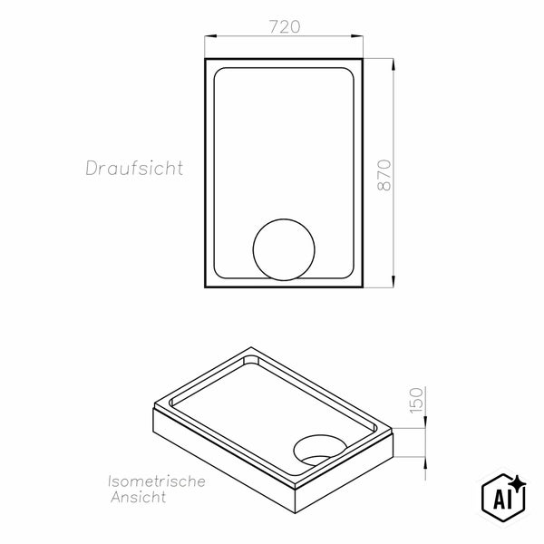 Technische Zeichnung einer rechteckigen Duschwanne mit den Maßen 720 mal 870 mal 150 Millimeter in Draufsicht und isometrischer Darstellung.