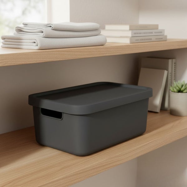 Auf dem Regal steht eine graue Aufbewahrungsbox mit Deckel.