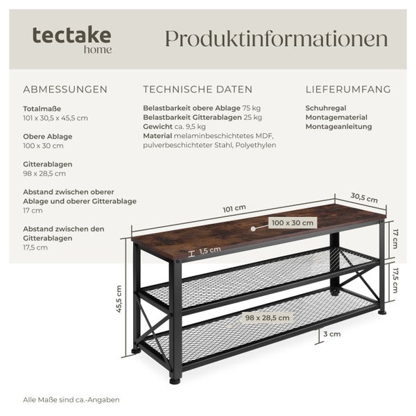 Produktinformationen: Schuhregal mit Maßen, technischen Daten und Lieferumfang