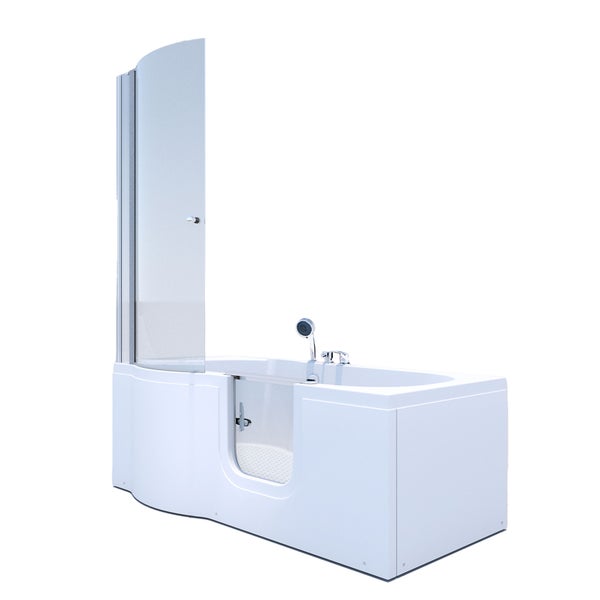 Barrierefreie Badewanne mit Einstiegstür, gläserner Duschabtrennung und integrierter Duscharmatur.