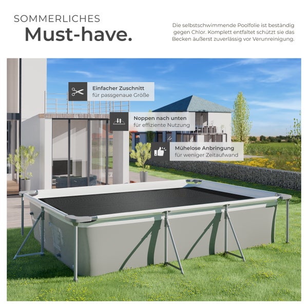 Produktbild einer Poolabdeckung, die Wärmeverlust reduziert, den Pool sauber hält und sich leicht auf- und abrollen lässt