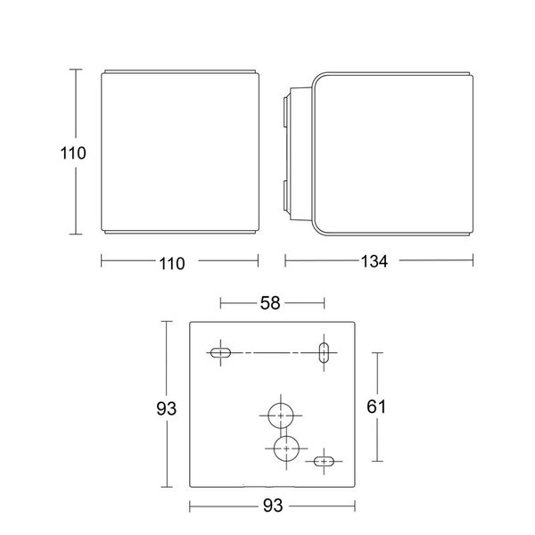 Technische Zeichnung mit Maßangaben in Millimeter für Frontansicht, Seitenansicht und Montageplatte.