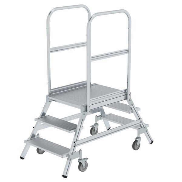 PROREGAL Podesttreppe Beidseitig Begehbar Mit Federrollen Aluminium Geriffelt 3 Stufen Rutschsichere Leiterschuhe