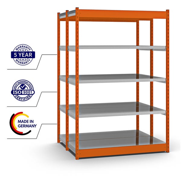 PROREGAL Fachbodenregal Stecksystem Vierkant-Profil Grundregal HxBxT 200 x 132,5 x 50 cm 2x5 Ebenen Doppelseitige Bauart Fachlast 200 kg Orange