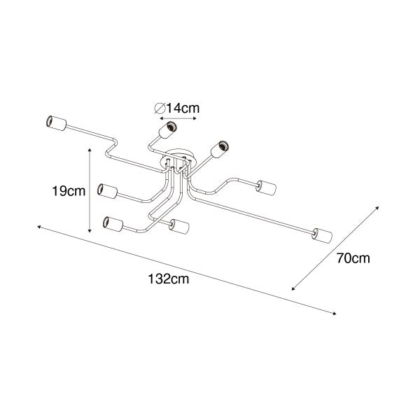 Abmessungen einer Deckenleuchte: Durchmesser 14 cm, Höhe 19 cm, Länge 132 cm, Breite 70 cm