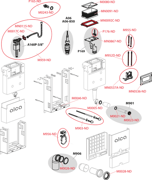 Explosionszeichnung eines WC-Vorwandelements mit gekennzeichneten Ersatzteilen wie Füllventil, Ablaufventil und Montagematerial.