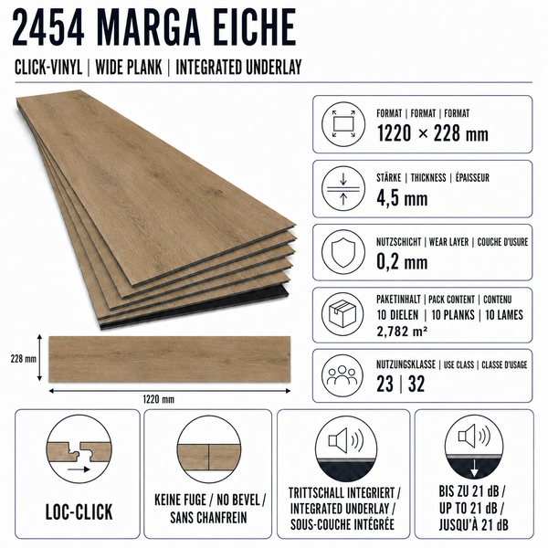 Marga Eiche Klick Vinyl Bodenbelag als Landhausdiele mit integrierter Trittschalldämmung, 1220 mal 228 Millimeter, 4,5 Millimeter Stärke.