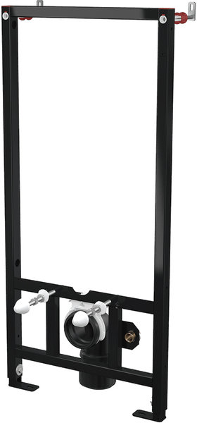 Schwarzes Vorwandelement für die Montage von Wand-Bidets mit Abflussrohr und Befestigungsschrauben.