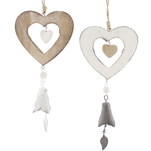 FRANK FLECHTWAREN | Herzhänger Glöckchen, 2er Set, HOLZ, METALL, Herz ca. Ø 10 cm, GH 30 cm