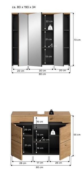 Badmöbel Set mit Spiegelschrank und Waschbeckenunterschrank inklusive Maßangaben in Zentimeter und maximaler Belastbarkeit in Kilogramm.