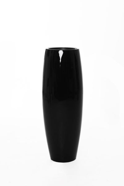 Hoher, glänzender Pflanzkübel in Schwarz mit schlankem Design.
