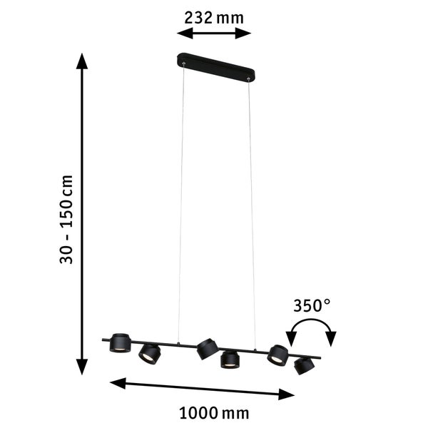 Schwarze Pendelleuchte mit sechs verstellbaren Spots, Breite 1000 Millimeter, Baldachin 232 Millimeter, Höhe 30 bis 150 Zentimeter, 350 Grad drehbar.