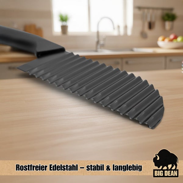 Wellenschneider aus rostfreiem Edelstahl für gleichmäßige Wellenschnitte bei Gemüse und Obst, robustes Küchenmesser von Big Dean.