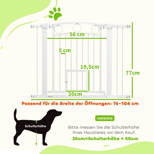 PawHut Türschutzgitter Hund, 76-104 cm Absperrgitter ohne Bohren, Treppengitter aus Stahl, Treppenschutzgitter mit Katzentür, Schutzgitter, Sicherheitsgitter für Treppen, Tür, Flur, Weiß