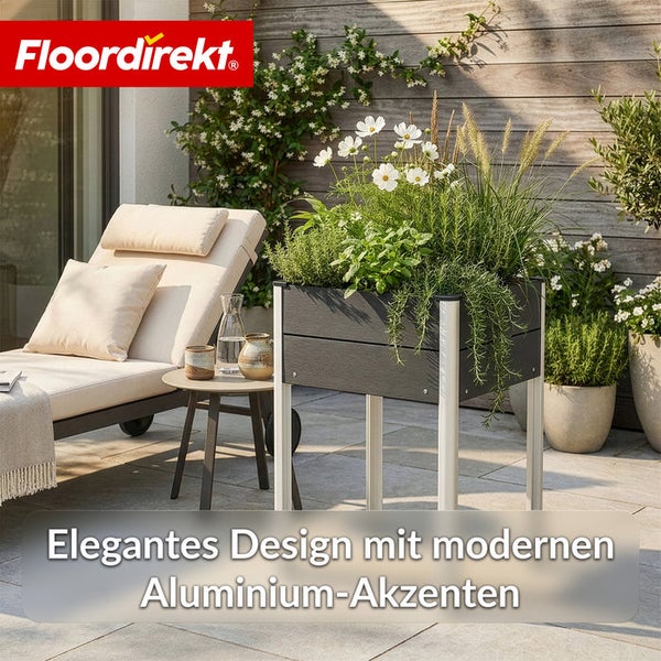Garten Szene mit Hochbeet aus Holz und Aluminium sowie Sonnenliege