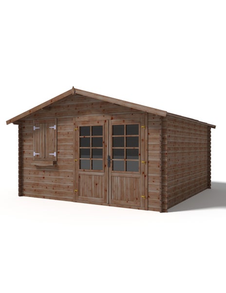 Gartenhaus aus Holz mit Doppeltür und Fenster in einem Garten mit Rasenfläche und Bäumen.