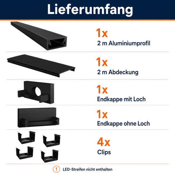 Lieferumfang für LED Profil mit Aluminiumprofil 2 Meter, Abdeckung 2 Meter, Endkappen und Befestigungsclips, ohne LED Streifen