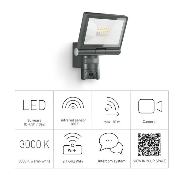 LED-Außenstrahler mit Kamera, 180 Grad Infrarotsensor, maximal 10 Meter Reichweite, 3000 Kelvin warmweiß, WLAN-Funktion und Gegensprechanlage.