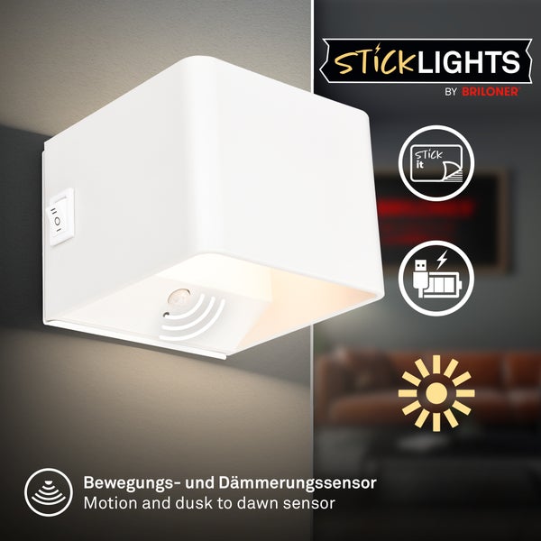 Weiße LED-Wandleuchte mit Bewegungs- und Dämmerungssensor, USB-aufladbar und selbstklebend. StickLights by Briloner Logo.