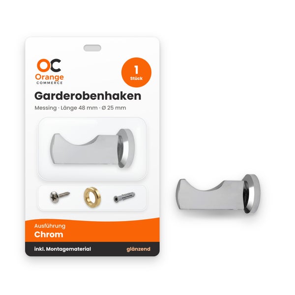 Garderobenhaken aus Messing, verchromt, Länge 48 Millimeter, Durchmesser 25 Millimeter, inklusive Montagematerial, Orange Commerce Logo