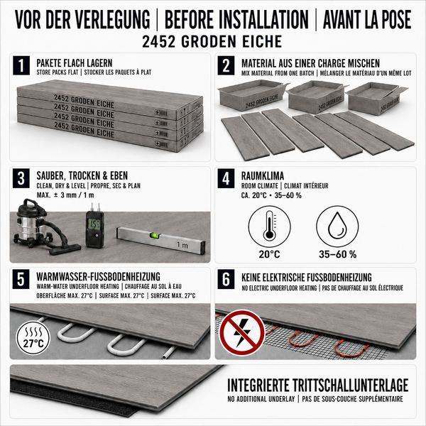 Anleitung zur Vorbereitung vor der Verlegung von Bodenbelag Groden Eiche mit Lagerungs, Klima, Untergrund und Heizungshinweisen.