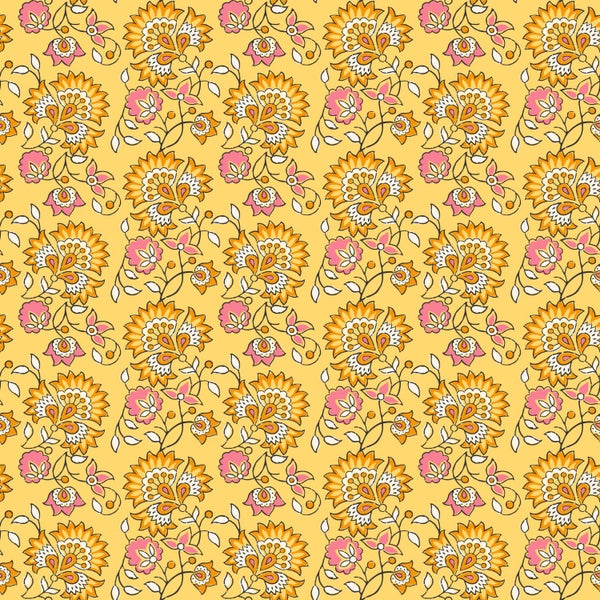 Gelbes Stoffmuster mit floralen Motiven für Heimwerkerprojekte