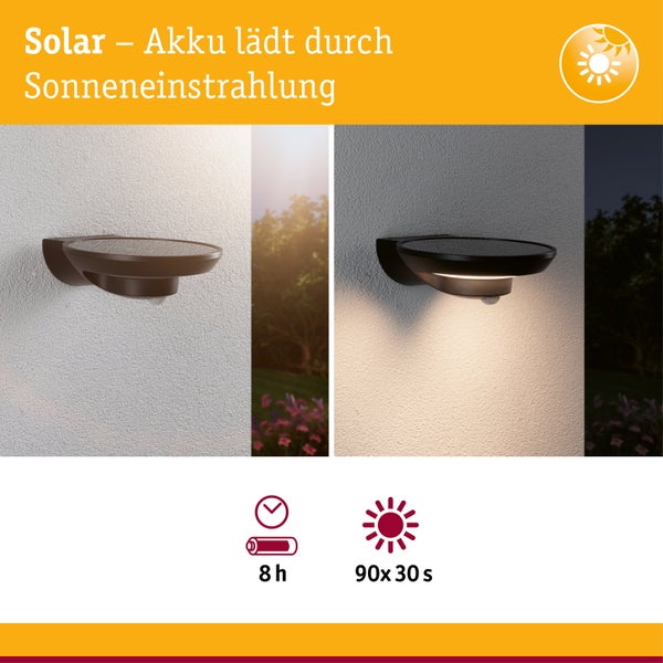 Solar-Außenwandleuchte lädt am Tag durch Sonnenlicht, Akkulaufzeit acht Stunden, Bewegungsmelder aktiviert sich neunzigmal für dreißig Sekunden.