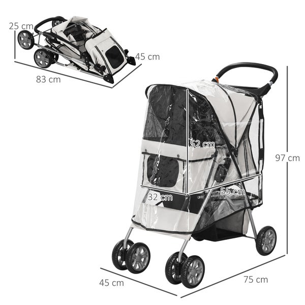 PawHut Hundebuggy, 75L x 45B x 97H cm, Oxfordstoff(100% Polyester), Stahl, Grau