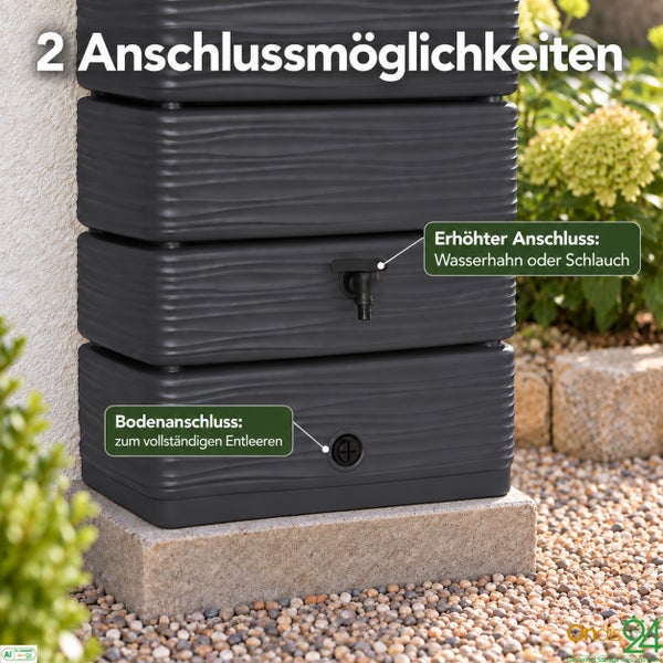 Regentonne mit zwei Anschlussmoeglichkeiten fuer Wasserhahn und Entleerung im Garten auf einem Sockel platziert.