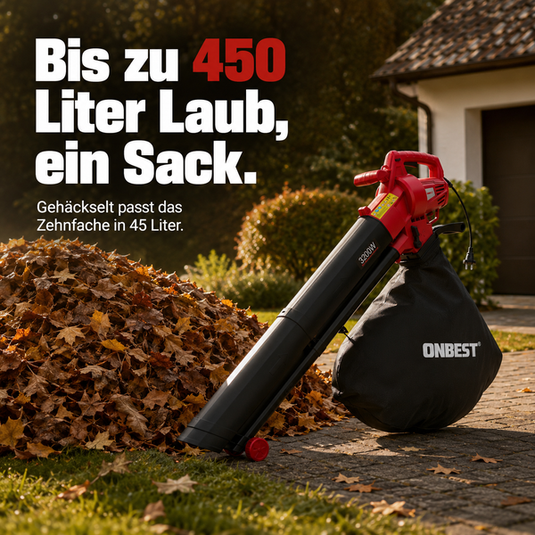 Elektrischer Laubsauger und Laubbläser von Onbest mit 3200 Watt und Fangsack, verarbeitet bis zu 450 Liter Laub. Onbest Logo.