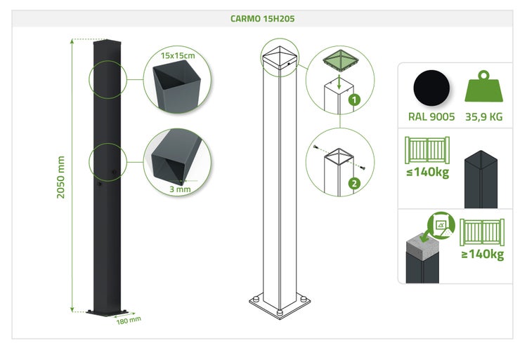 Torpfosten Carmo 15H205, Höhe 2050 Millimeter, Profil 15 mal 15 Zentimeter, Stärke 3 Millimeter, RAL 9005, Gewicht 35,9 Kilogramm.