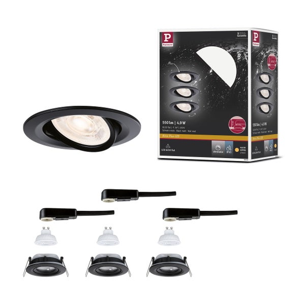 Paulmann Nova Plus LED Einbaustrahler 3er Set, Schwarz matt, schwenkbar, dimmbar, IP65, 4,9 Watt, 550 Lumen, warmweiß.