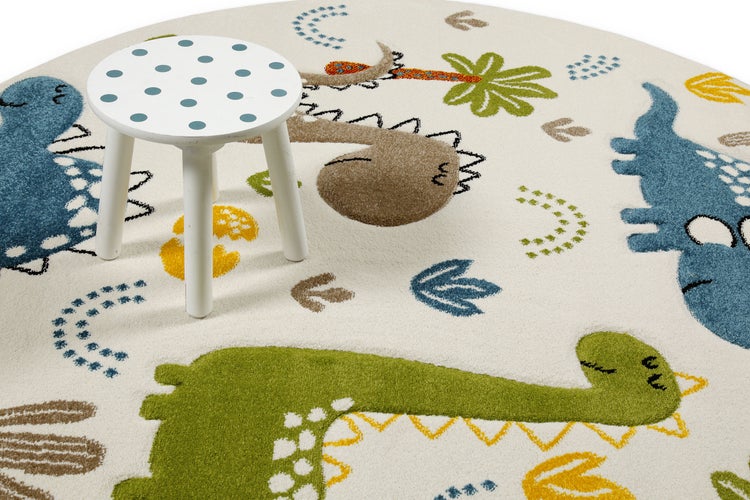 Kinderteppich Creme Weiß Dino & Friends Smart Kids 120 cm rund