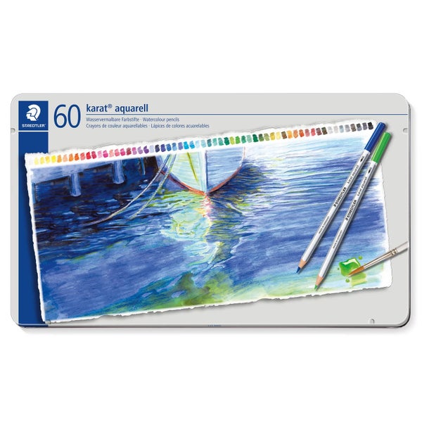 Staedtler Karat Aquarell wasservermalbare Farbstifte in verschiedenen Farben, 60 Stück in einer Metalldose.