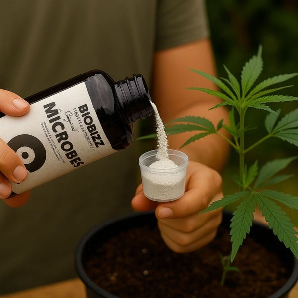 Person gießt BioBizz Microbes Dünger in einen Messbecher neben einer Pflanze.