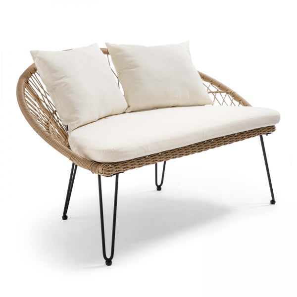 Gartensofa 2-Sitzer mit Seilbespannung, weißen Polstern und schwarzen Metallbeinen.