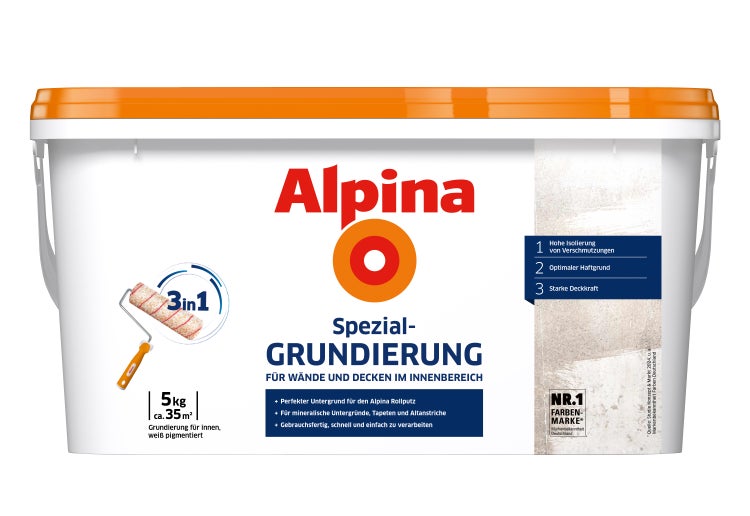 Alpina Spezial-Grundierung weiß pigmentiert für Wände und Decken im Innenbereich, 5 Kilogramm für circa 35 Quadratmeter.