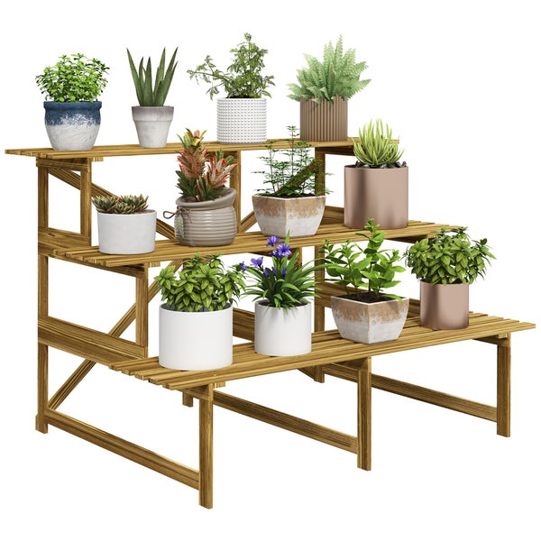 Outsunny 3-Etagen Pflanzenständer, klappbarer 78 cm hoch Blumenständer für Innen Außen, Pflanzenregal aus Holz, Blumenhocker mit Tabletts, Blumentreppe für Wohnzimmer, Garten Balkon, Naturholz