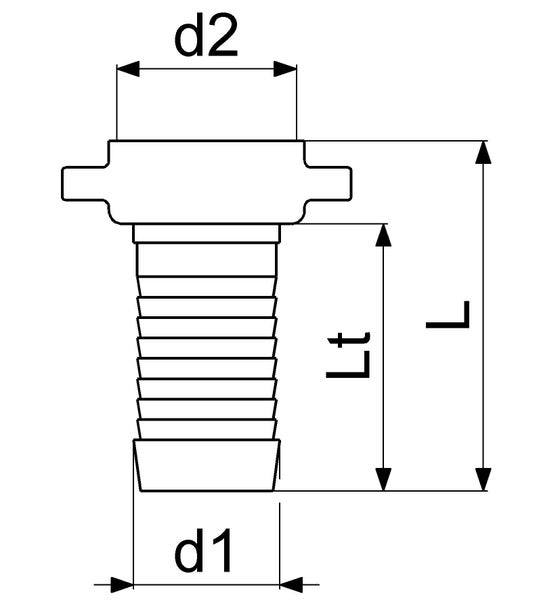 Technische Zeichnung eines gerippten Verbindungsstücks mit Maßangaben für die Durchmesser d1 und d2 sowie die Längen L und Lt.