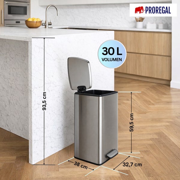 Edelstahl-Treteimer, helle Küche, 30 Liter, Höhe 59,5 Zentimeter, offen 93,5 Zentimeter, Breite 38 Zentimeter, Tiefe 32,7 Zentimeter, PROREGAL Logo.