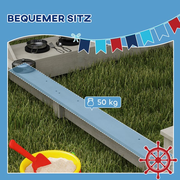 Spielplatz mit Spielküche, Sitzbank und Sandkasten für Kinder