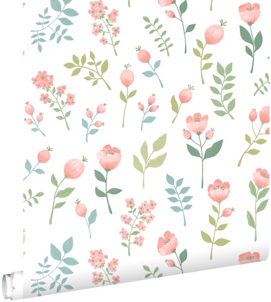 ESTAhome Tapete Blumen Rosa und Graugrün - 50 x 900 cm - 139977