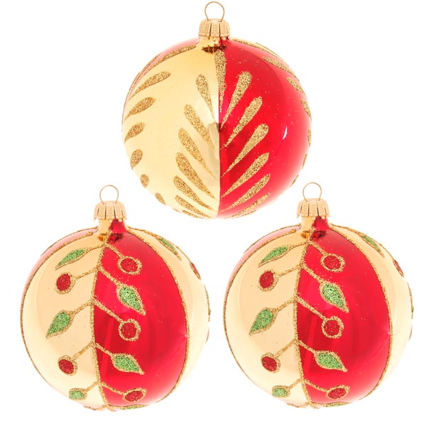 Xmas Night Blätter & Beeren, 3er Set, gold glanz/rot glanz, 8cm, 3 Stck., Weihnachtsbaumkugeln, Christbaumschmuck, Weihnachtsbaumanhänger