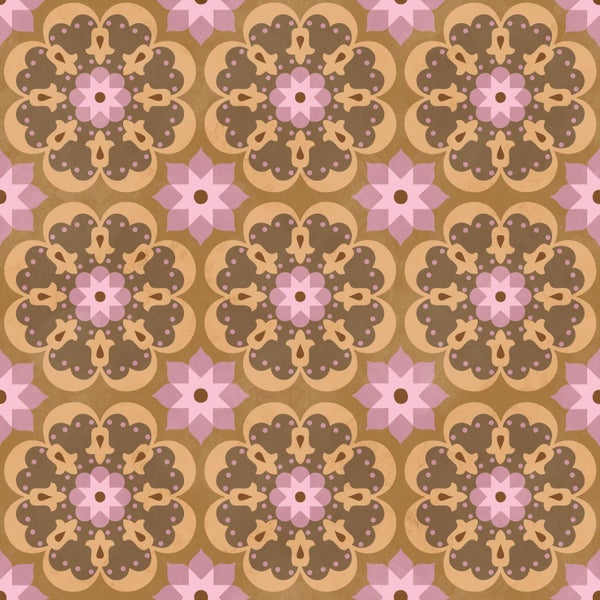 Muster einer Tapete oder Bodenfliese mit runden floralen Ornamenten und sternförmigen Details im Vintage Stil.
