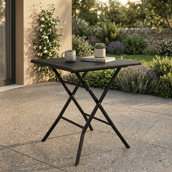 Klapptisch mit robustem schwarzem Stahlgestell, einer Tragkraft von bis zu 80 Kilogramm, rostfreiem Material und hoher Stabilität.