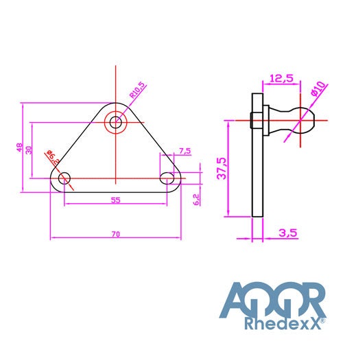 Technische Zeichnung einer dreieckigen Montageplatte mit Maßangaben in Millimeter und AQOR Rhedexx Logo.