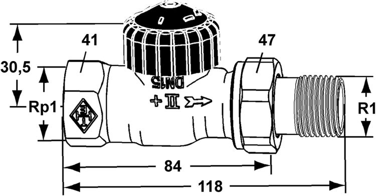 Maßzeichnung eines Heizkörperventils mit Abmessungen: Gesamtlänge 118 Millimeter, Anschlüsse Rp1 und R1, Nenndurchmesser DN15.