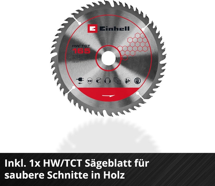 Einhell Hartmetall-Kreissägeblatt mit 165 Millimeter Durchmesser für saubere Schnitte in Holz, Sicherheitssymbole und Einhell Logo.