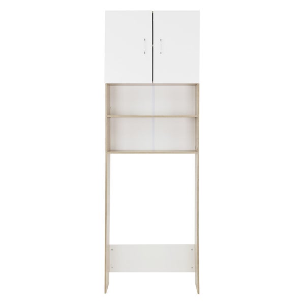 ECD Germany Waschmaschinenschrank mit 2 Türen und 2 offenen Fächern, 190x62,5 cm, Weiß/Sonoma-Eiche, Badezimmerschrank für Waschmaschine/Trockner, Hochschrank Badschrank Badregal Waschmaschinenüberbau
